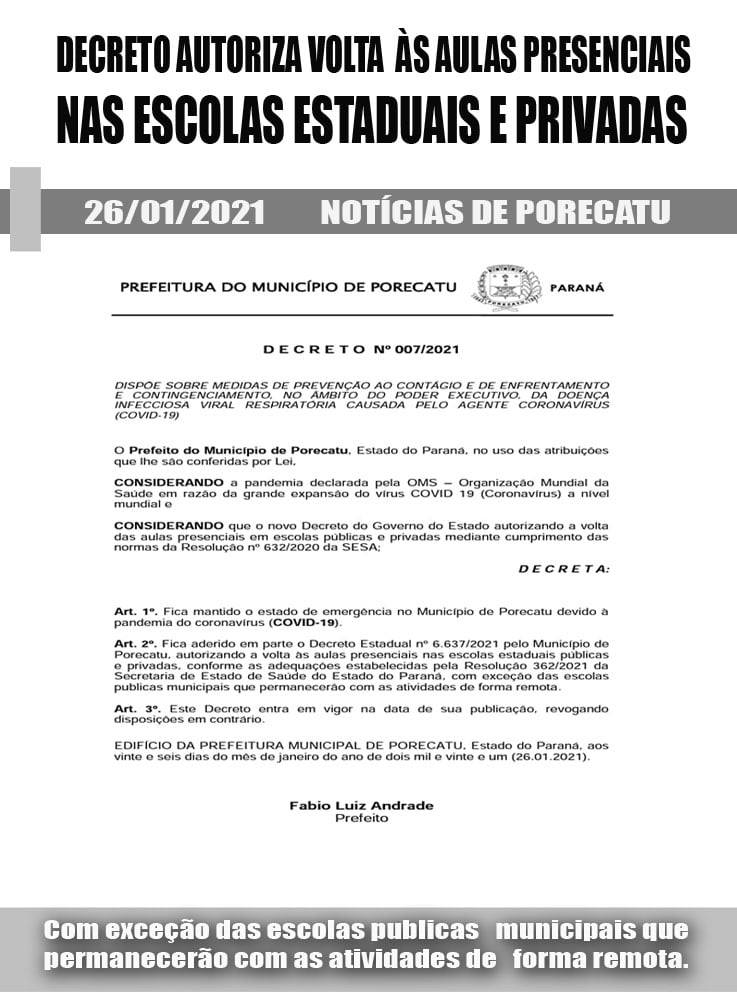 Prefeitura De Porecatu Autoriza Retorno Das Aulas Presenciais Em