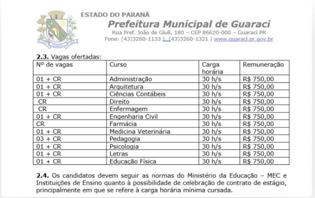 Prefeitura Municipal de Guaraci abre processo seletivo para contratação