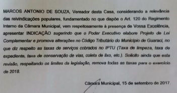 Vereador guaraciense quer remover taxas cobradas em IPTU a partir de 2018