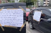 Mulher descobre traição e cola cartaz no carro do parceiro